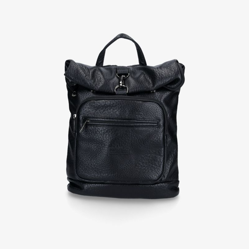 Schwarzer Rucksack mit geräumiger Fronttasche und robustem Tragegriff, perfekt für Alltag und Reisen