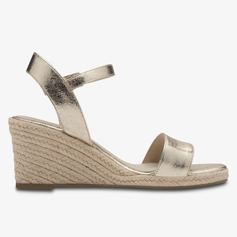 Elegante Riemchensandale mit Keilabsatz und Espadrille-Optik in schimmernder Metallic-Farbe seitlich