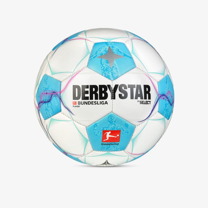 Weißer und blauer Bundesliga Fußball von Derbystar, robust und präzise für leistungsstarken Spielkomfort