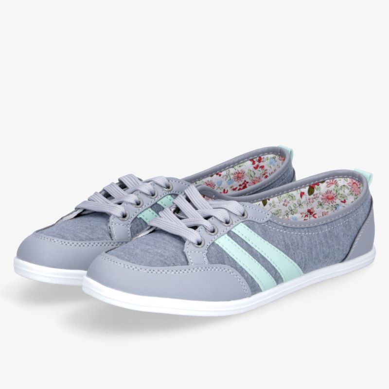 Leichte graue Freizeitschuhe mit mintfarbenen Streifen, komfortabel und atmungsaktiv, flexibles Schnürsystem