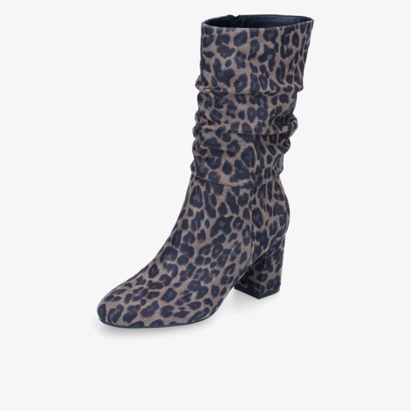 Modische Stiefelette mit Leopardmuster und mittelhohem Absatz, weiches Material und gerafftes Design für Komfort
