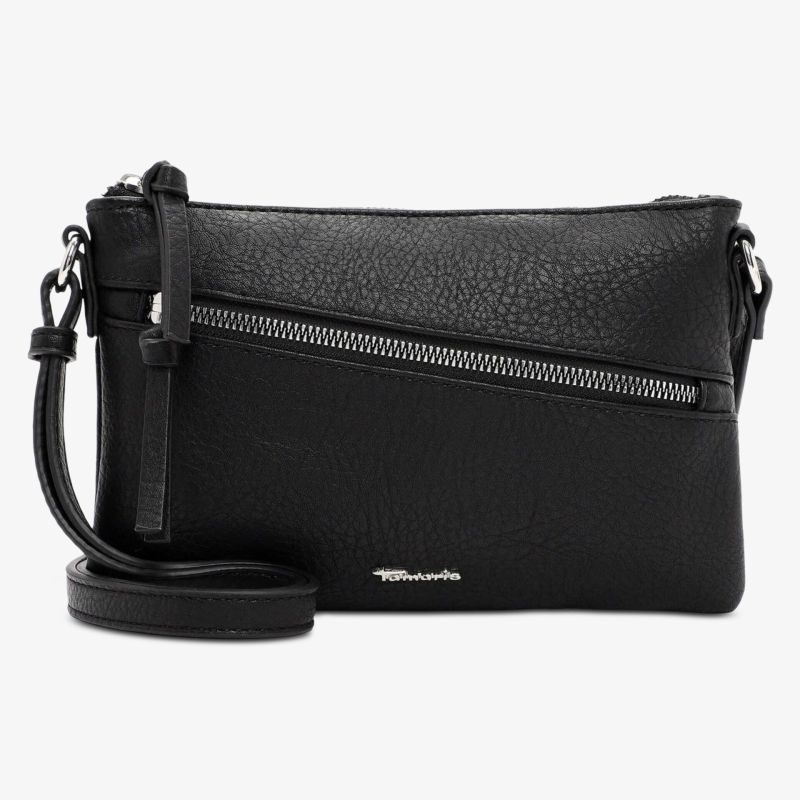 Schwarze kompakte Umhängetasche mit sichtbarem Reißverschluss praktische und elegante Lederoptik