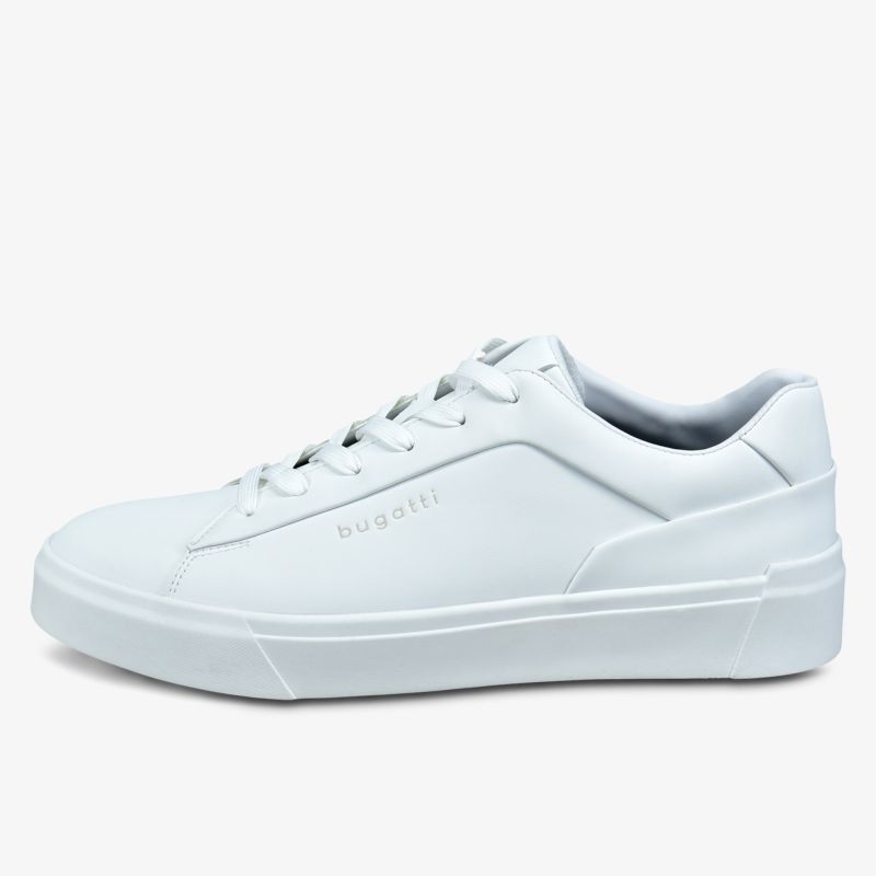 Weißer Sneaker seitlich, sportlich und bequem mit moderner glatter Oberfläche und Schnürung für Alltag