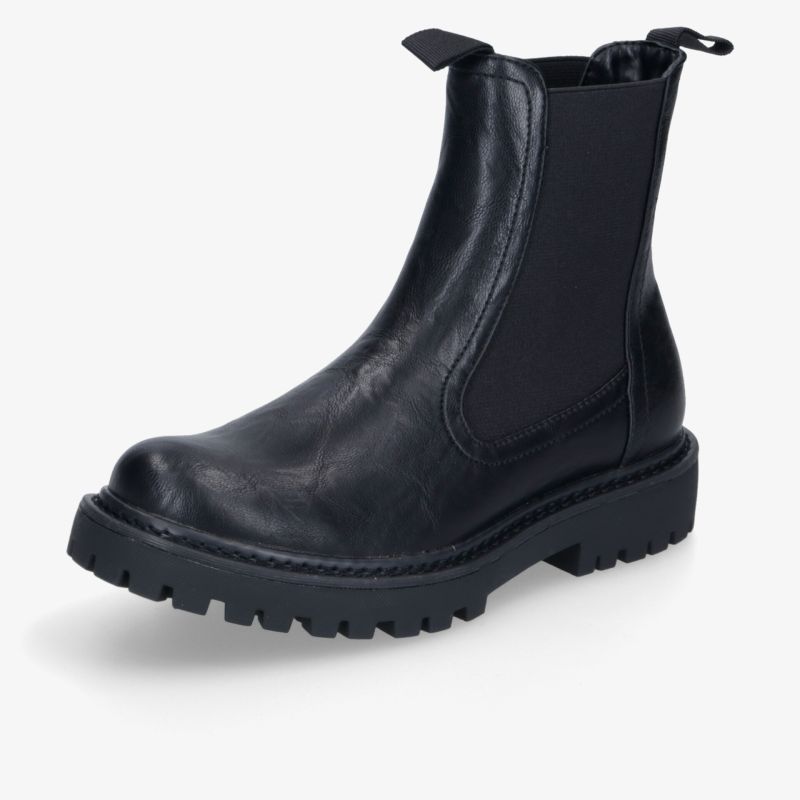 Schwarzer Chunky-Boot mit robuster Sohle, flexiblen Seiteneinsätzen und praktischer Zuglasche, ideal für Alltag und Stil