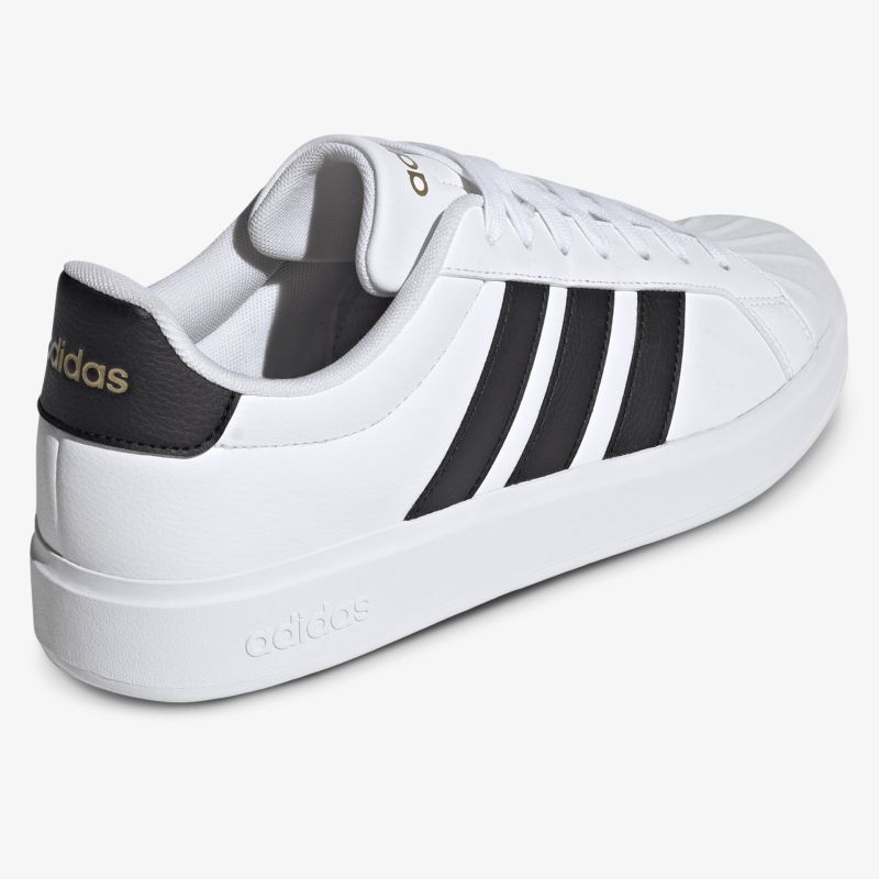 Weißer Sneaker mit schwarzen drei Streifen, langlebigem Obermaterial und bequemer Passform, sportliches Design