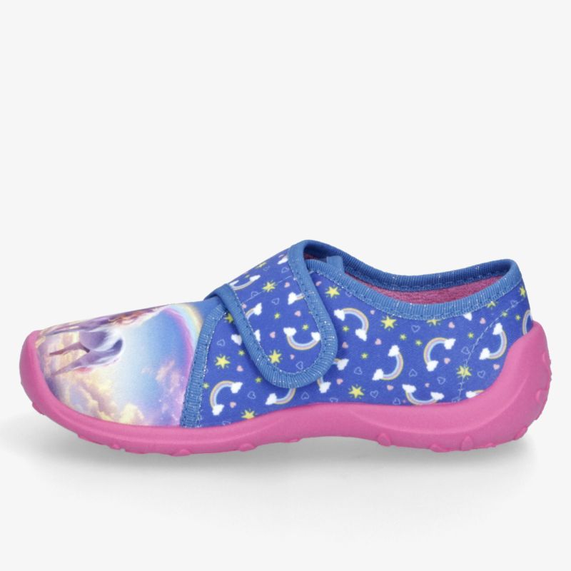 Blauer Kinderschuh mit buntem Mond- und Sternenmuster, pinker Sohle, Klettverschluss und gepolstertem Einstieg