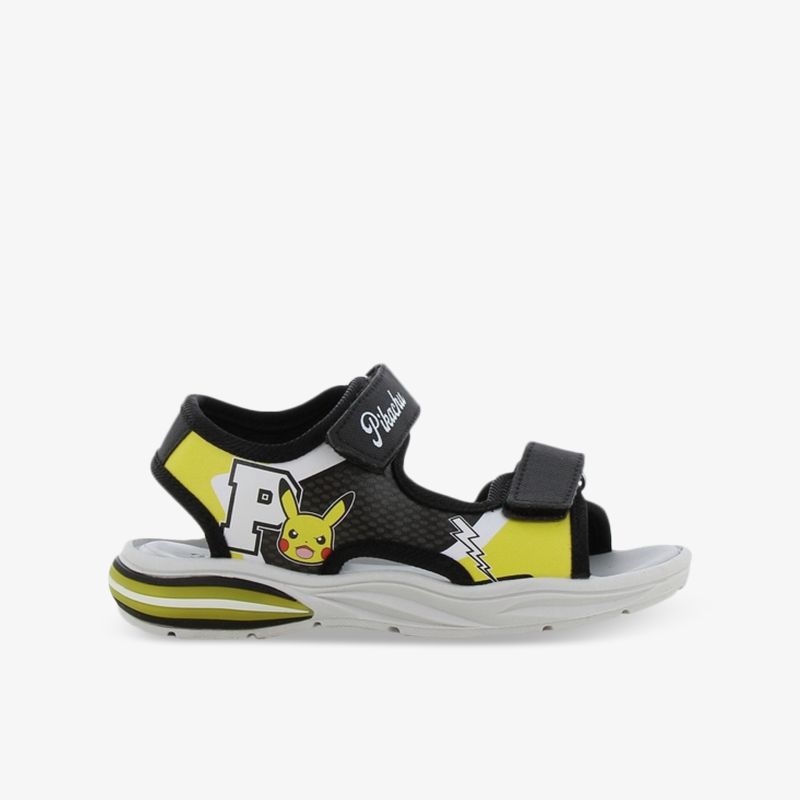 Sportliche schwarze Sandale mit gelbem Pikachu-Design, verstellbaren Riemen und bequemer, gedämpfter Sohle