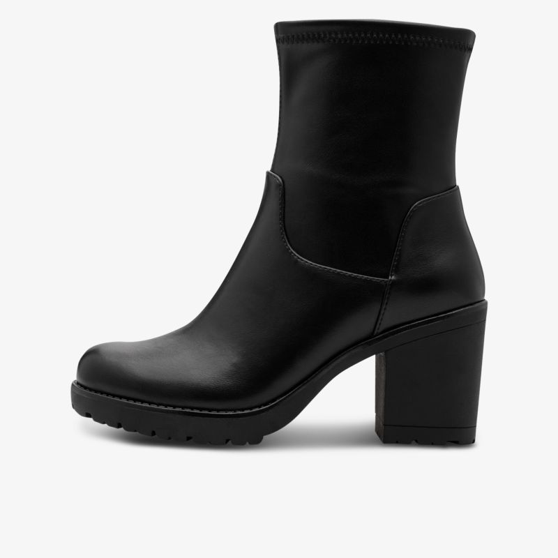 Schwarzer Stiefel mit Blockabsatz und rutschfester Sohle, elegante seitliche Ansicht
