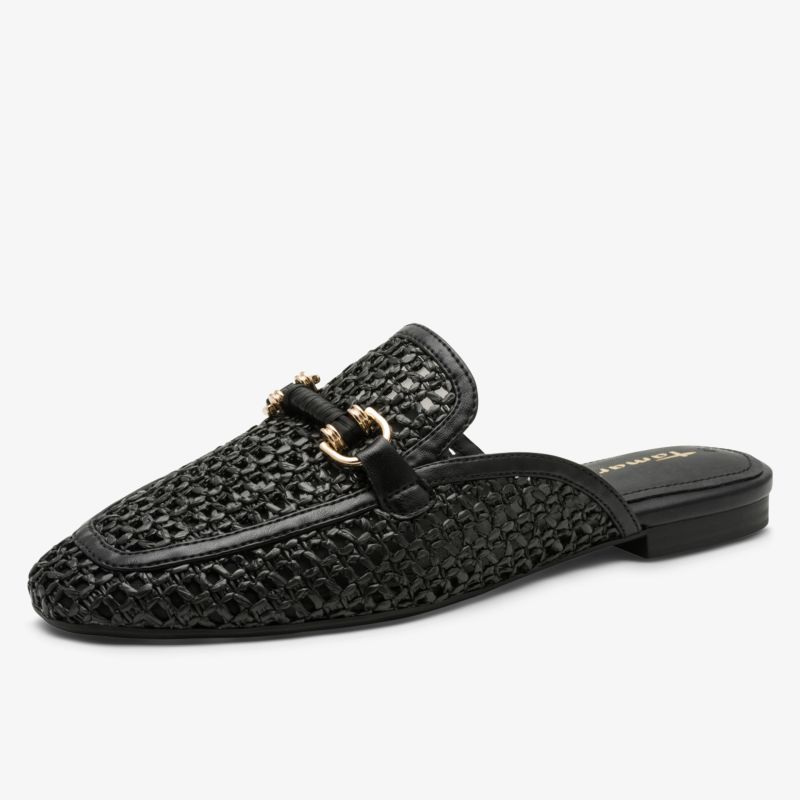Schwarzer geflochtener Slipper mit elegantem Metall-Detail, bequem und leicht zu tragen
