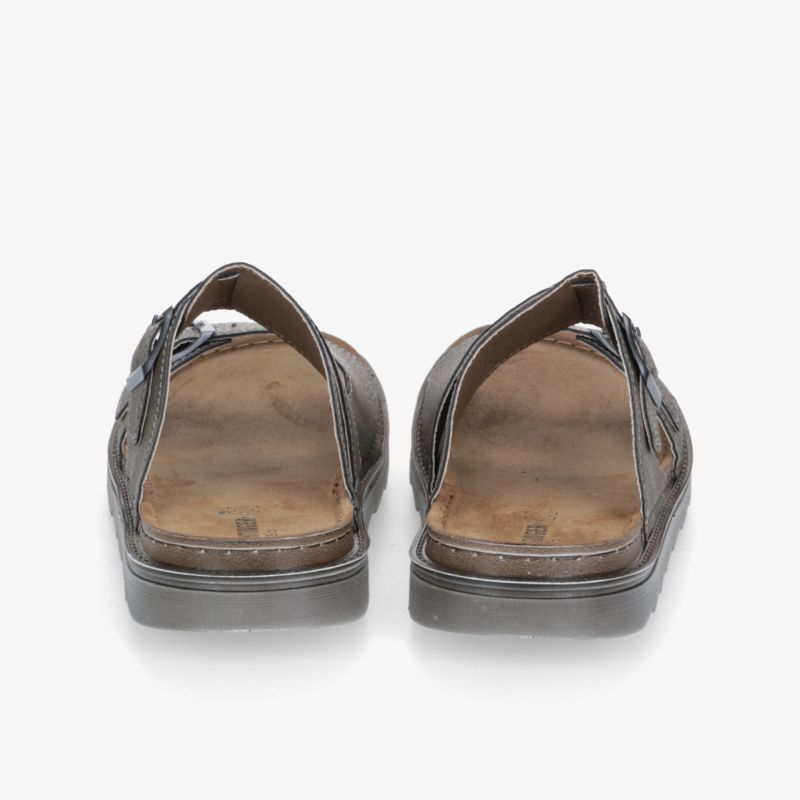 Rückansicht von bequemen, robusten Pantoletten mit weichem Fußbett und rutschfester Sohle