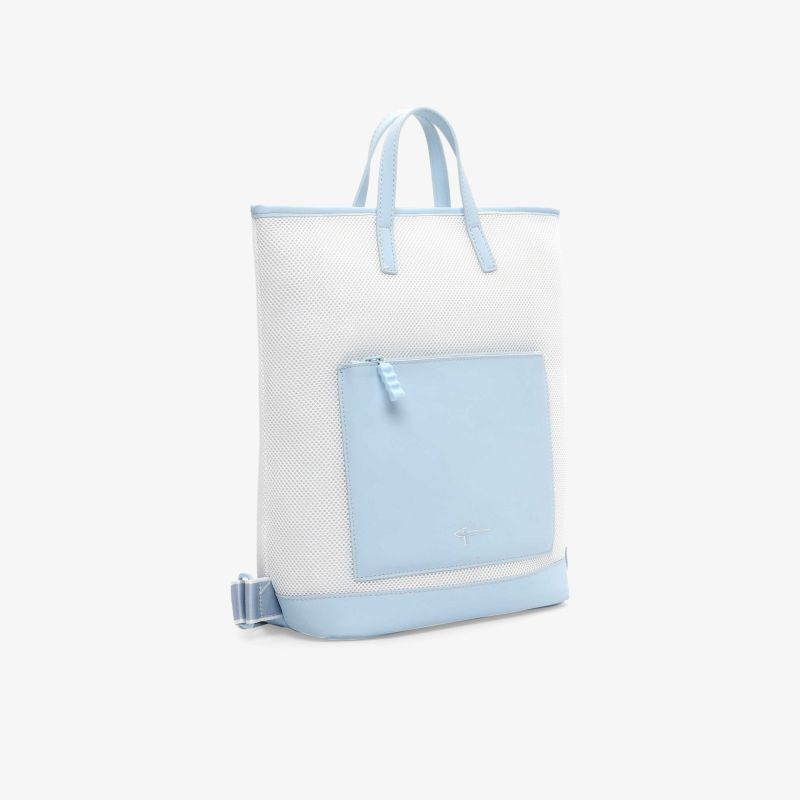 Moderner weißer und hellblauer Rucksack mit praktischem Fach, stabilen Griffen und klarer Form, ideale Alltagstasche