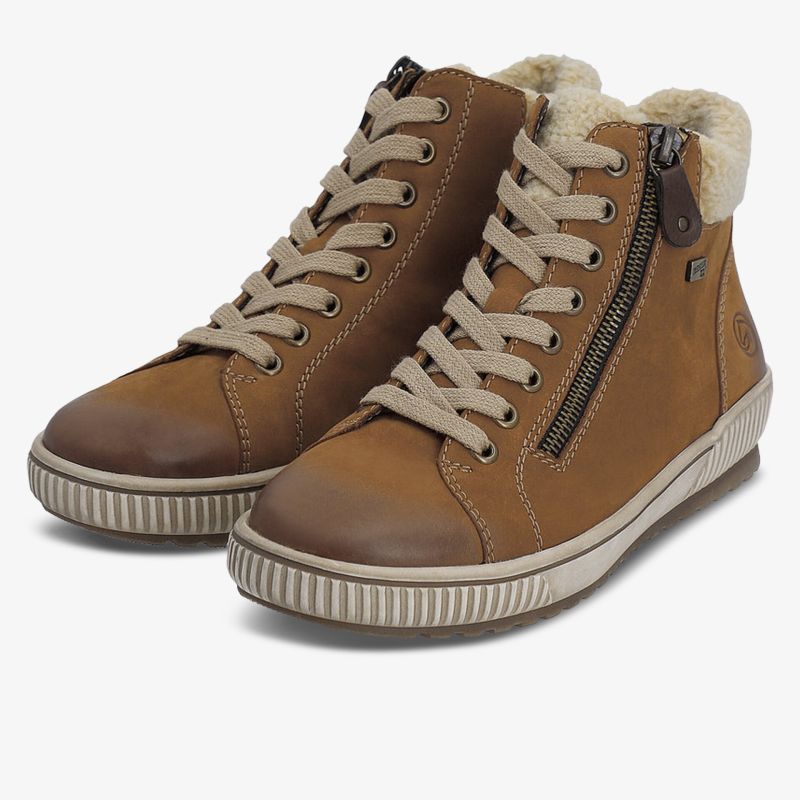 Braune Stiefel mit warmem Fellfutter, seitlichem Reißverschluss und profilierter rutschfester Sohle