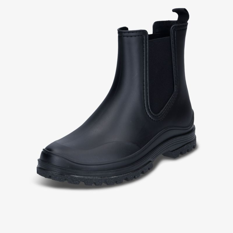 Schwarzer Chelsea-Stiefel aus robustem Material mit elastischen Einsätzen, markanter Profilsohle und komfortabler Passform