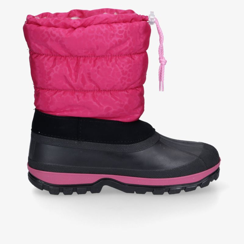 Pink-schwarzer Winterstiefel mit wärmendem Schaft, robustem Profil und praktischem Kordelzug für sicheren Halt.