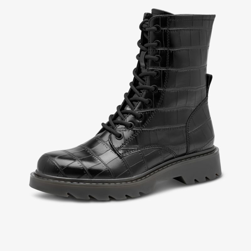 Robuster schwarzer Schnürstiefel mit hohem Schaft, profilierter Sohle und modischem Lederoptik-Design