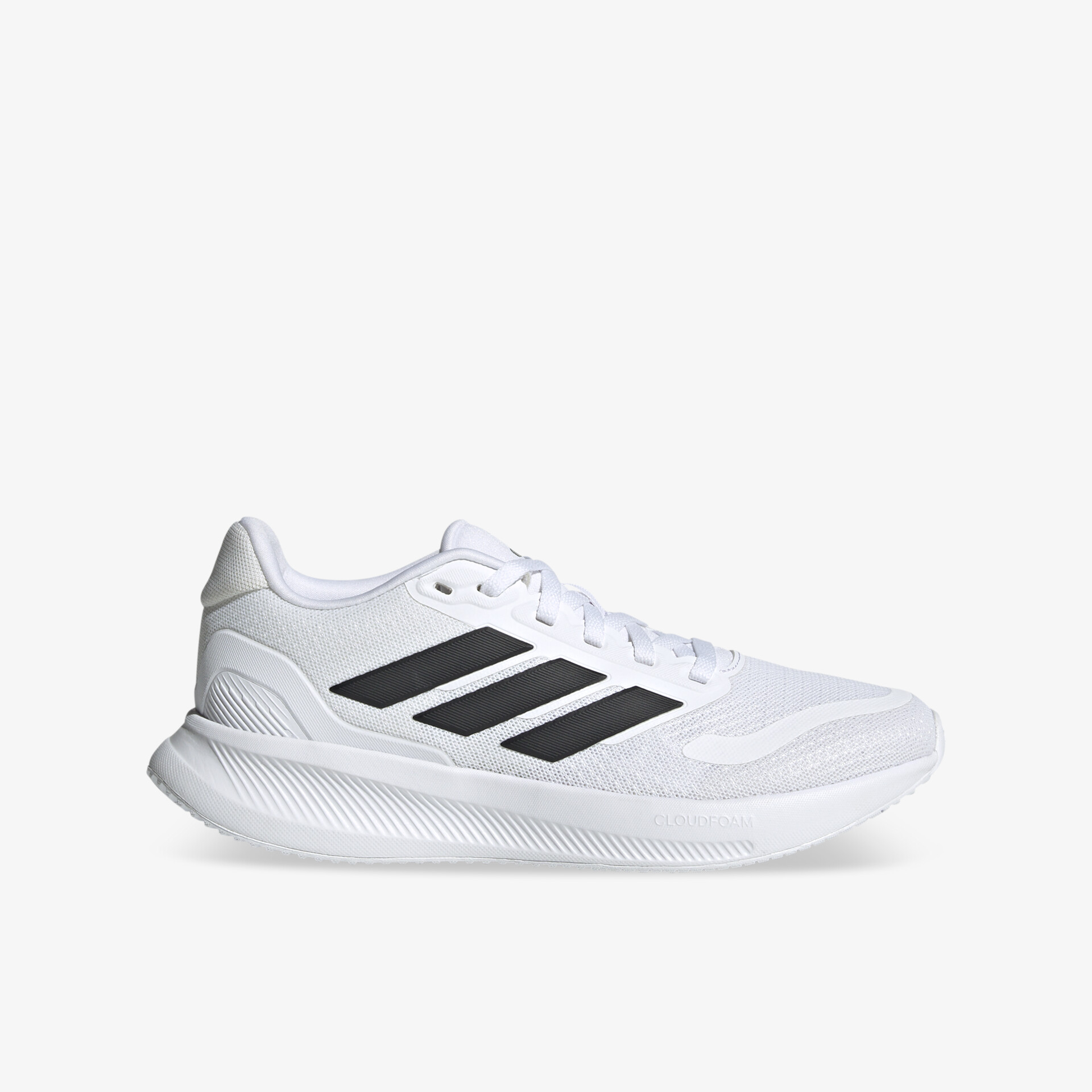 weißer sportlicher Laufschuh mit schwarzer markenoptik und konturierter Sohle für optimalen Komfort