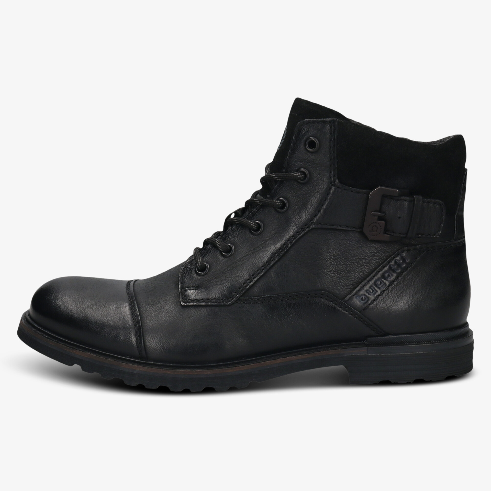 Robuster und bequemer schwarzer Schnürstiefel aus Leder mit markanter Sohle und seitlicher Schnalle