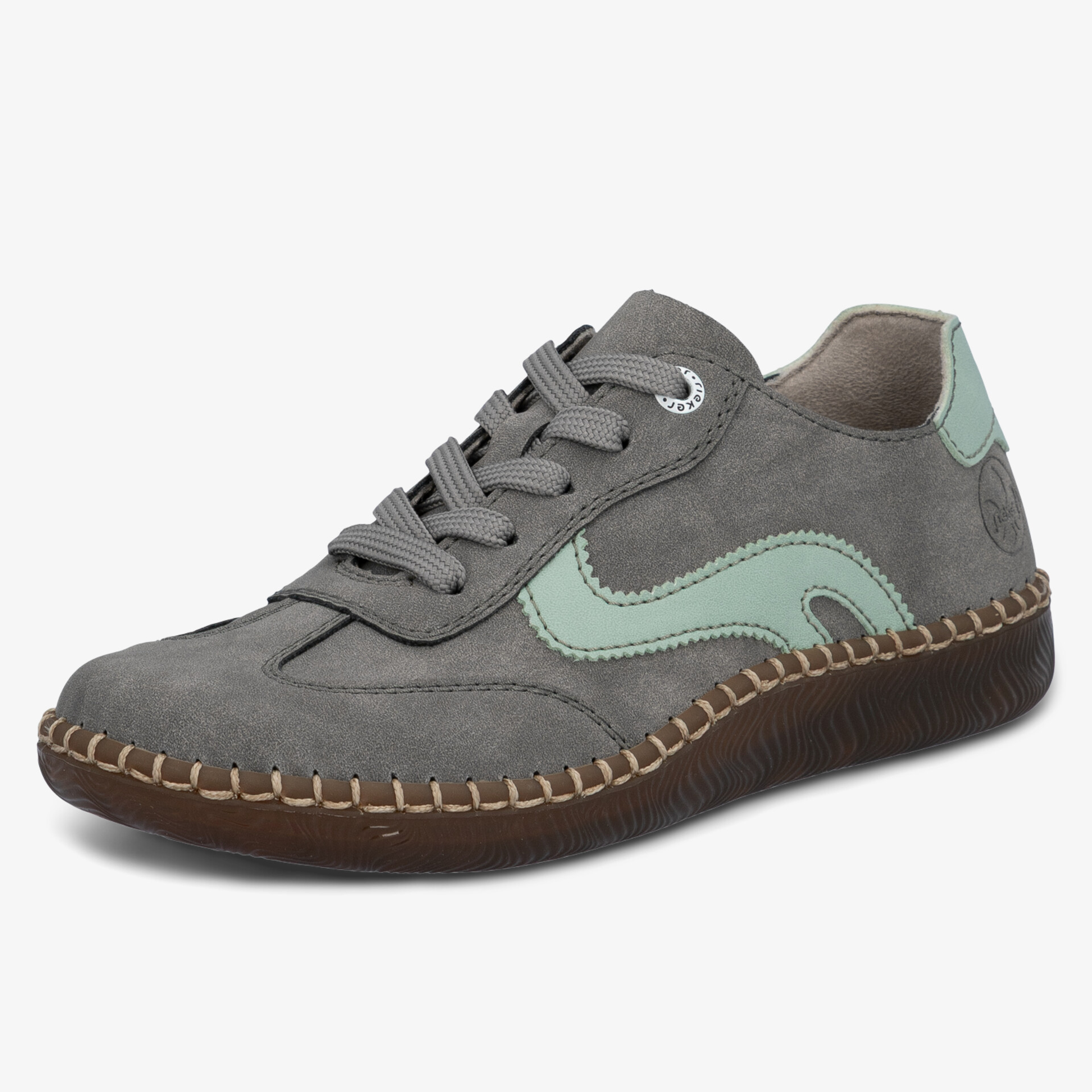 Bequemer grauer Schuh mit grünen Akzenten, flexible Sohle und sportliches, modernes Design