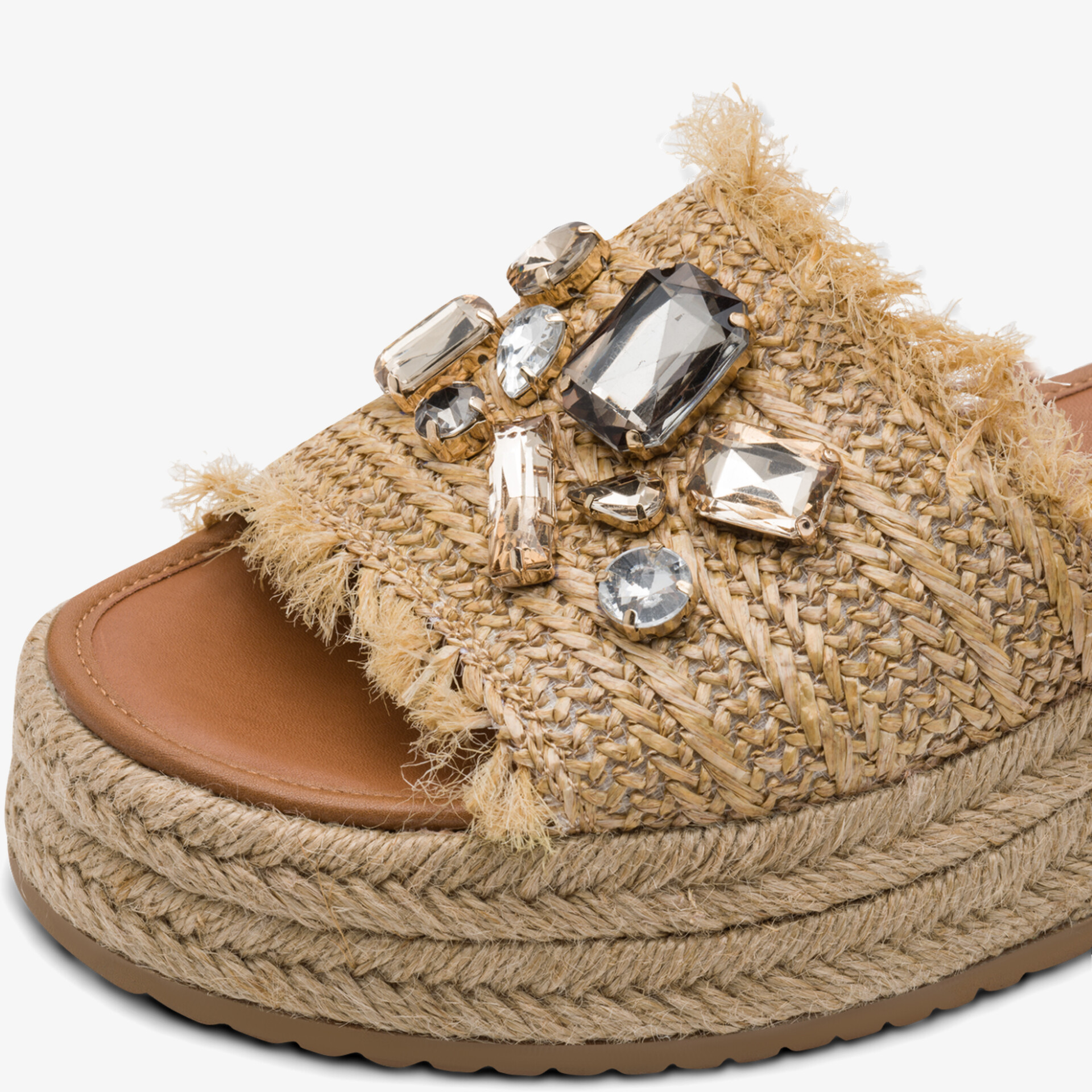 Espadrille mit Bastsohle und dekorativen Schmucksteinen, offene Zehenpartie, bequemer und stylischer Sommerschuh