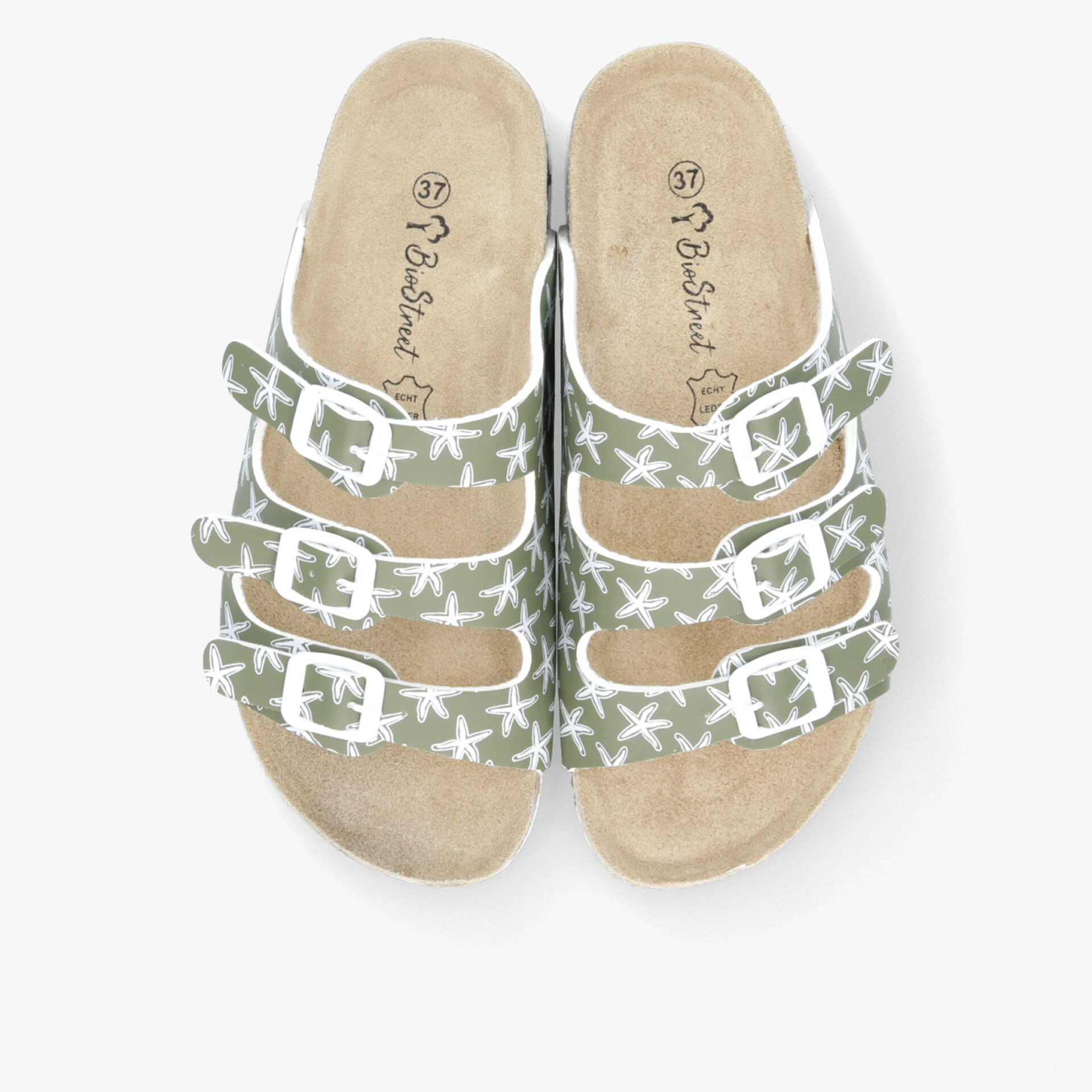 Bequeme grüne Sandalen mit drei verstellbaren Schnallen und weißem Sternenmuster, leicht und atmungsaktiv gestaltet