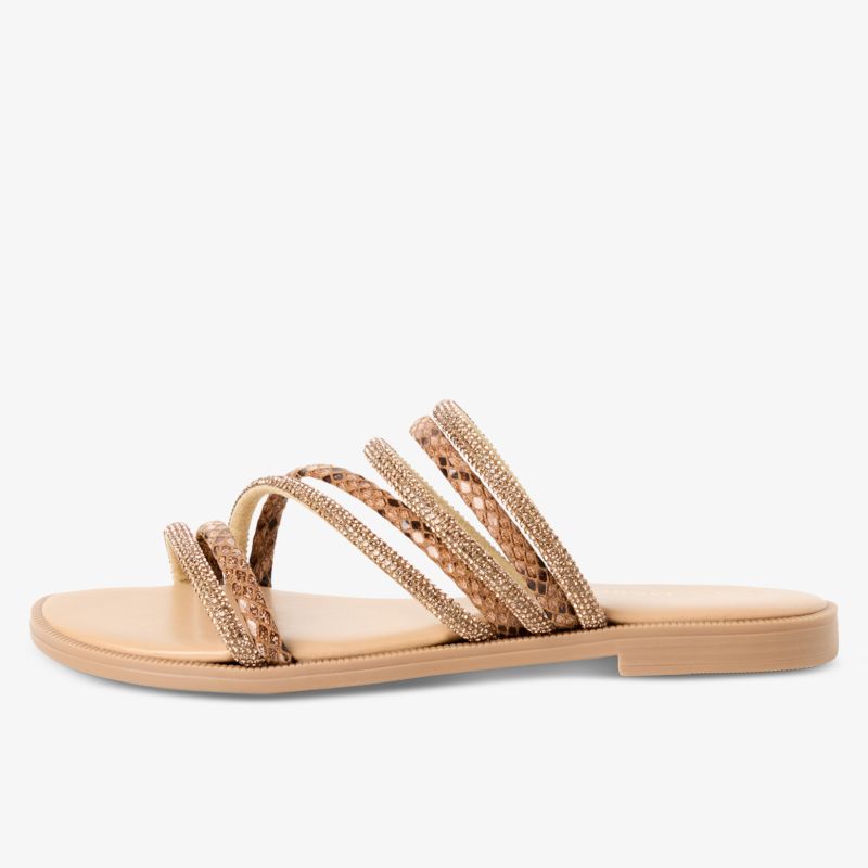 Flache Sandale mit mehreren Riemchen in beiger Farbe, elegant und bequem für den Sommer