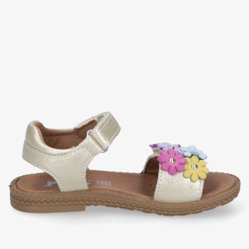 Bequeme beige Sandale mit flacher Sohle und bunten Blumenapplikationen, verstellbarer Klettverschluss für optimalen Halt