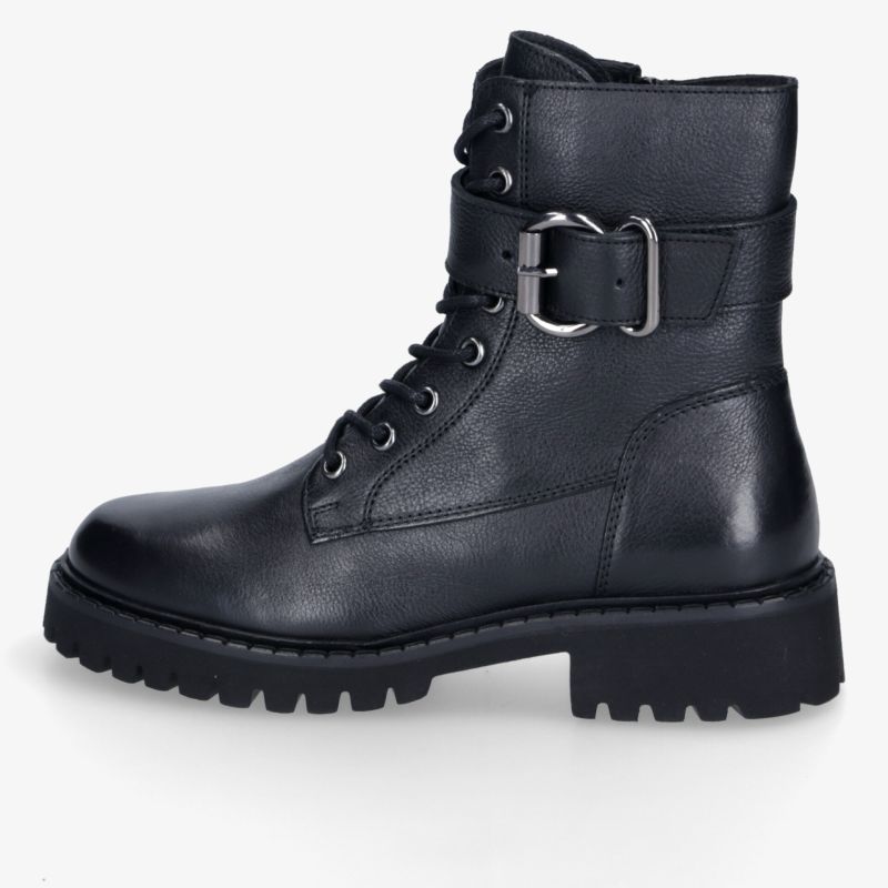 Elegante schwarze Stiefelette aus Leder mit Schnallen und robuster Profilsohle für modischen Komfort.