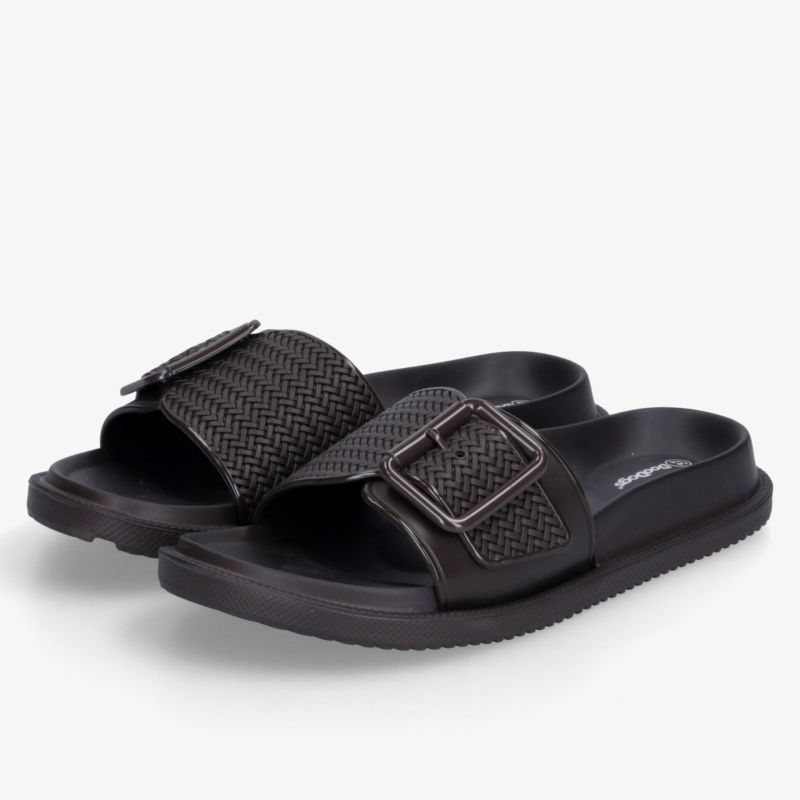 Schwarze bequeme Hausschuhe mit verstellbarem Riemen und rutschfester, flexibler Sohle für komfortablen Tragekomfort