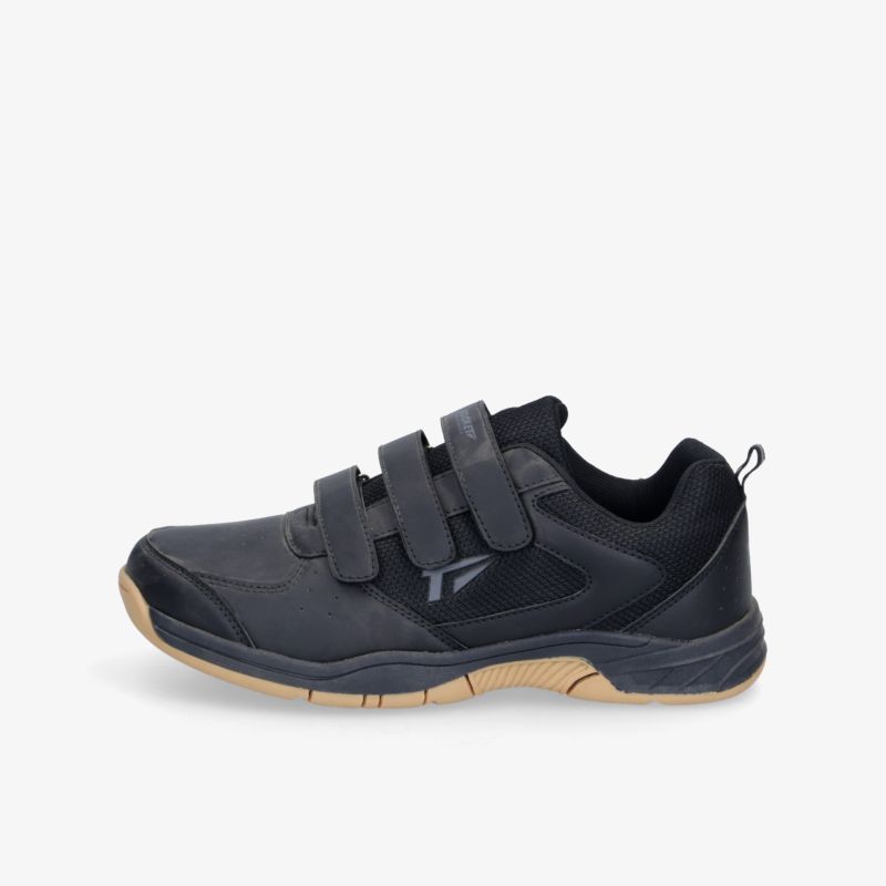 Schwarzer Sportschuh mit verstellbaren Klettverschlüssen und rutschfester Gummisohle, bequem und leicht