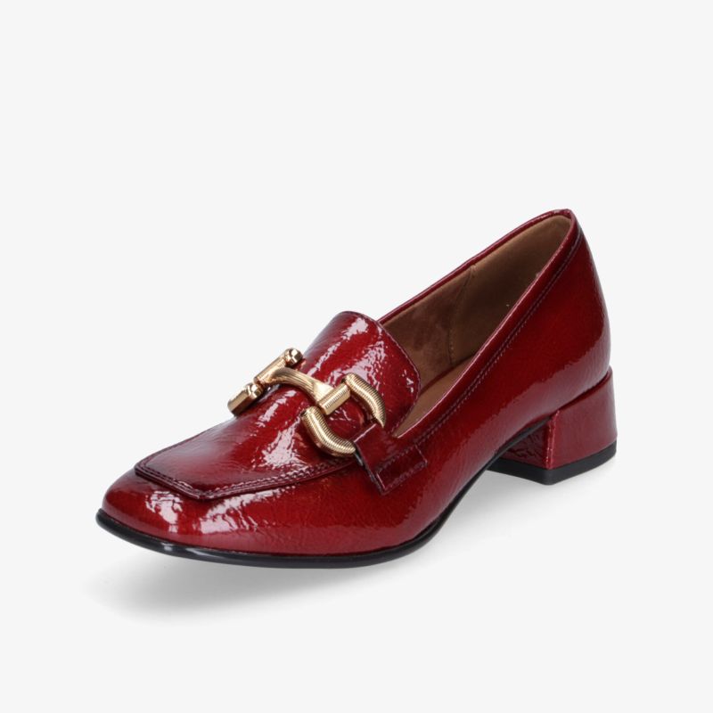 Eleganter roter Lackschuh mit goldener Dekoration und bequemem mittelhohem Blockabsatz, modisch und hochwertig