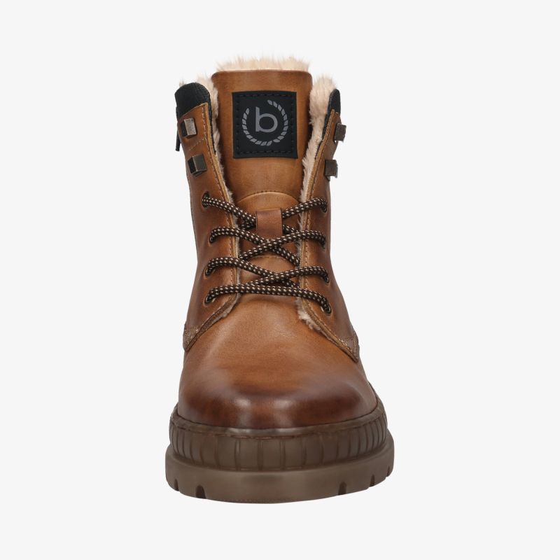 Robuster brauner Winterstiefel mit warmer Innenausstattung, dickem Profil, und stabiler Schnürung in Frontansicht