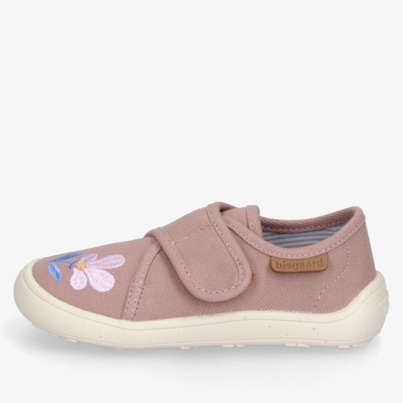 Rosa Klettschuh mit Blumenmuster seitliche Ansicht, weiches Material und flexible rutschfeste Sohle bequem