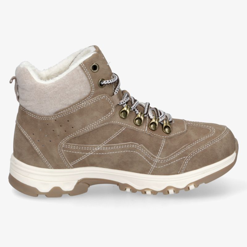 Robuster beige Trekking-Wanderschuh mit gepolstertem Schaft und profilierter, rutschfester Sohle für optimalen Halt