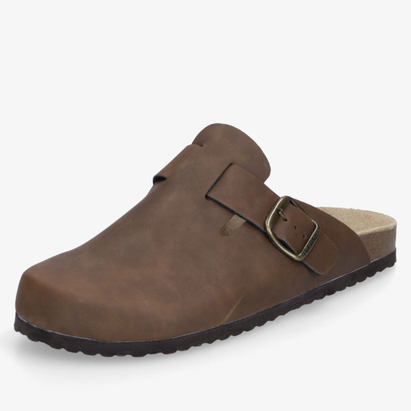 Brauner Lederschuh mit verstellbarer Schnalle und ergonomischem Design für hohen Tragekomfort