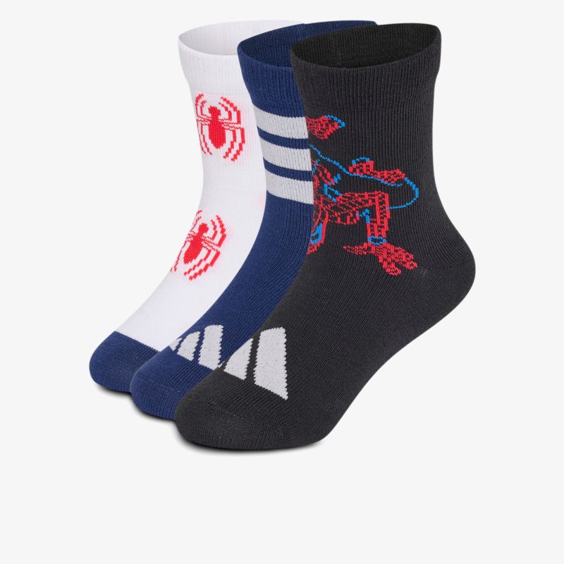 Set aus drei bunten Kindersocken mit verschiedenen Spinnenmotiven und streifendetails, bequem und elastisch