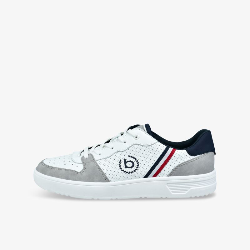 Leichter weiß-grauer Sneaker mit sportlichem Design und gepolstertem Schuhkragen, seitliche Ansicht