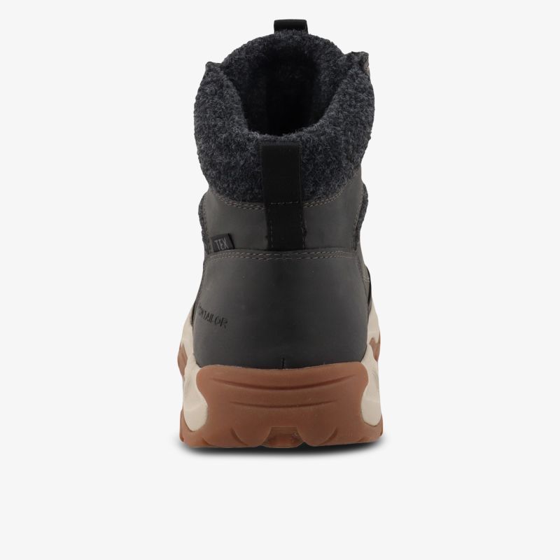Rückansicht robuster Schuh mit hohem gepolstertem Schaft und rutschfester brauner Sohle