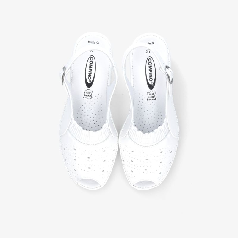 Weißes Paar bequemer, atmungsaktiver Clogs mit luftdurchlässigem Design und rutschfester Sohle, von oben sichtbar
