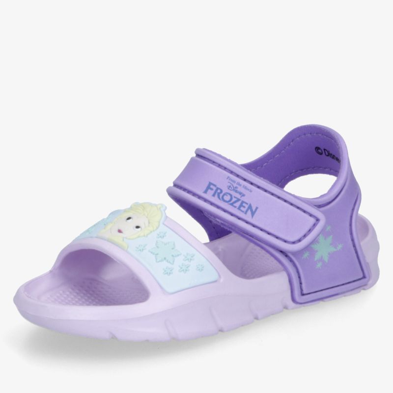 Leichte lila Sandale mit verstellbarem Riemen und angenehmem Fußbett, dekoriert mit Frozen Motiv.