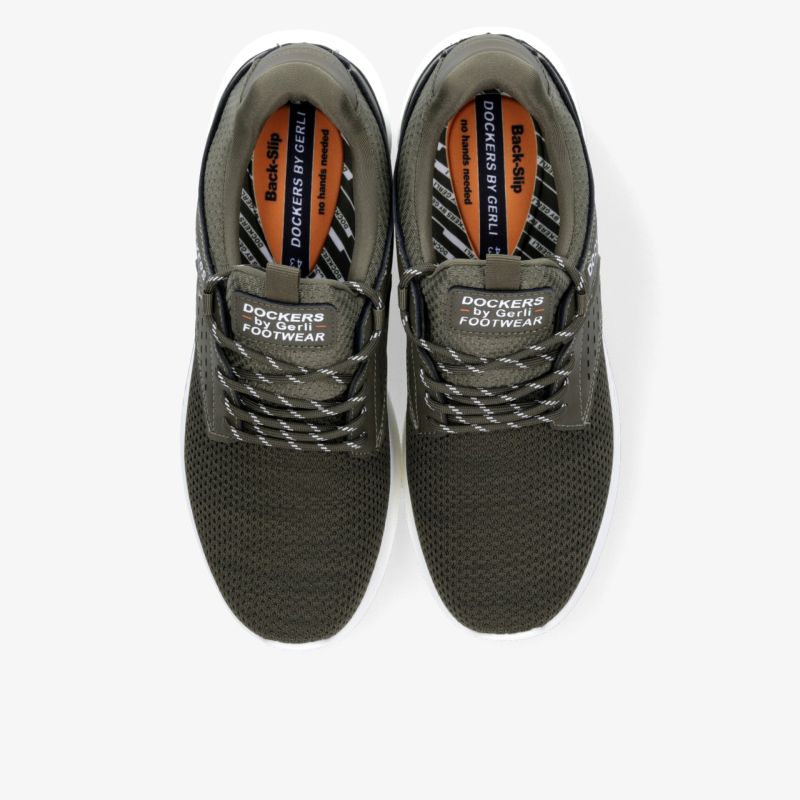 Olivgrüne sportschuhe mit atmungsaktivem mesh, gepolstertem kragen und flexibler sohle, von oben fotografiert