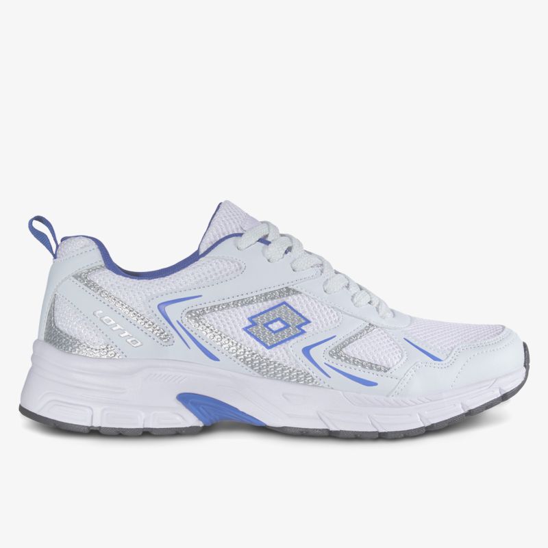 Weiße Sportschuhe mit blauen Akzenten und robuster Sohle für komfortables Gehen und Laufen.