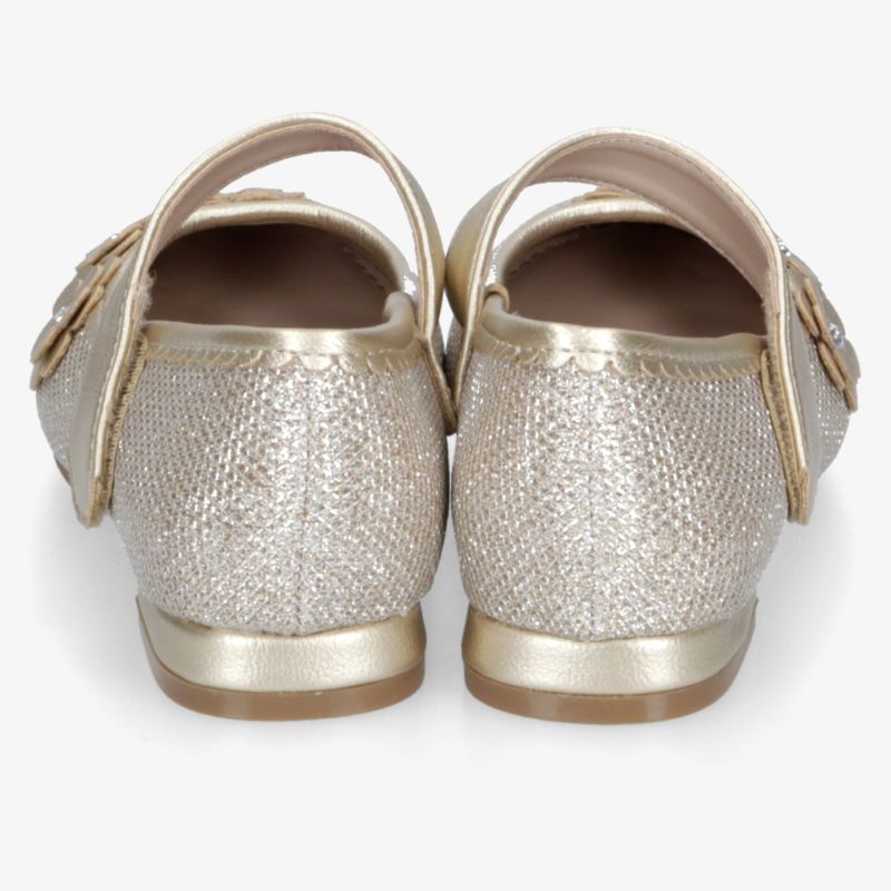 Elegante goldfarbene Sandalen mit schimmernden Glitzerelementen, bequemen Riemen und leichtem Absatz, Rückansicht
