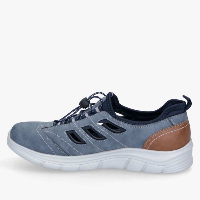 Sportlicher blauer Freizeitschuh mit rutschfester Sohle und flexiblem, komfortablem Design seitlich abgebildet