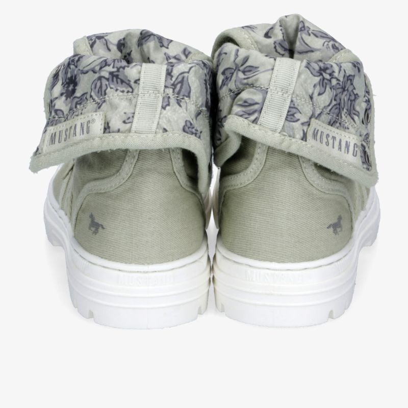 Rückansicht faltbarer grauer Sneaker mit weißer Sohle und floral gemustertem Innenschaft, komfortabel und modern