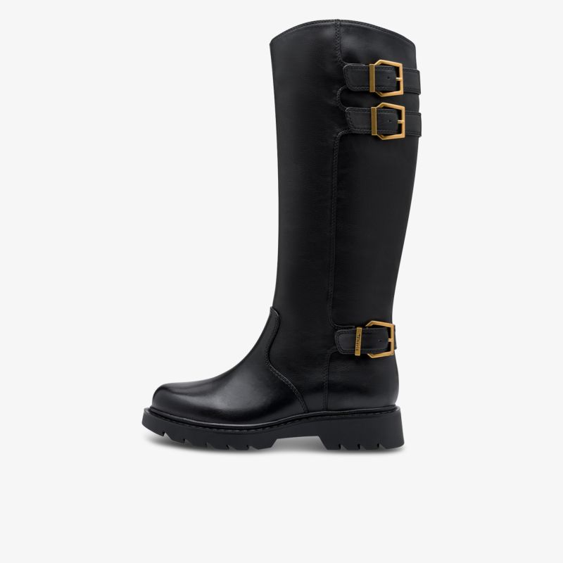Hochwertiger kniehoher Stiefel aus Leder mit robuster Gummisohle und dekorativen Metallschnallen