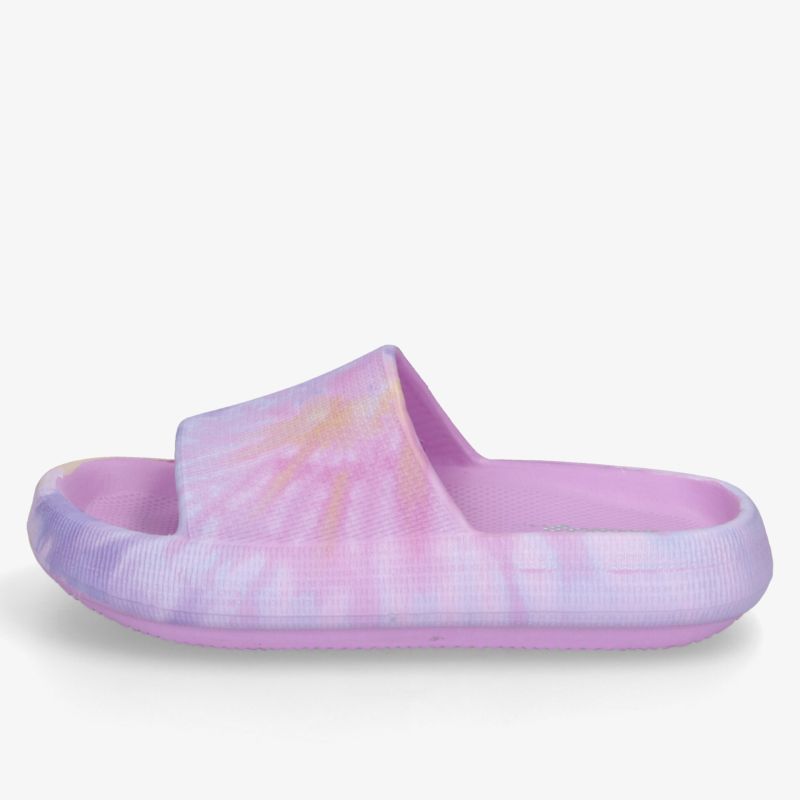 Bequeme und gepolsterte rosa Slide Sandale mit farbenfrohem Tie-Dye Muster und rutschfester Sohle