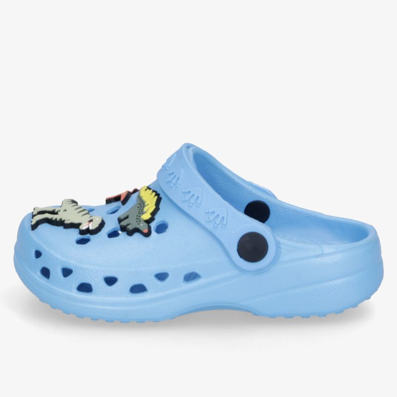 Leichter blauer Clog mit buntem Dino-Motiv, komfortabel und atmungsaktiv, ideal für Freizeit und Alltag