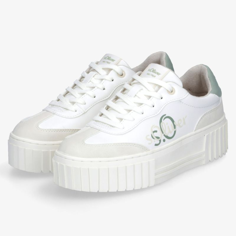 Sportliche weiße Sneaker mit grünem Detail, robuster Plateau-Sohle und komfortablem Design, Paaransicht
