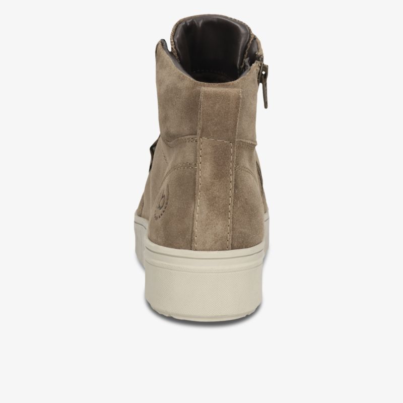 Rückansicht eines bequemen Sneakers aus Veloursleder mit Reißverschluss und profilierter Laufsohle