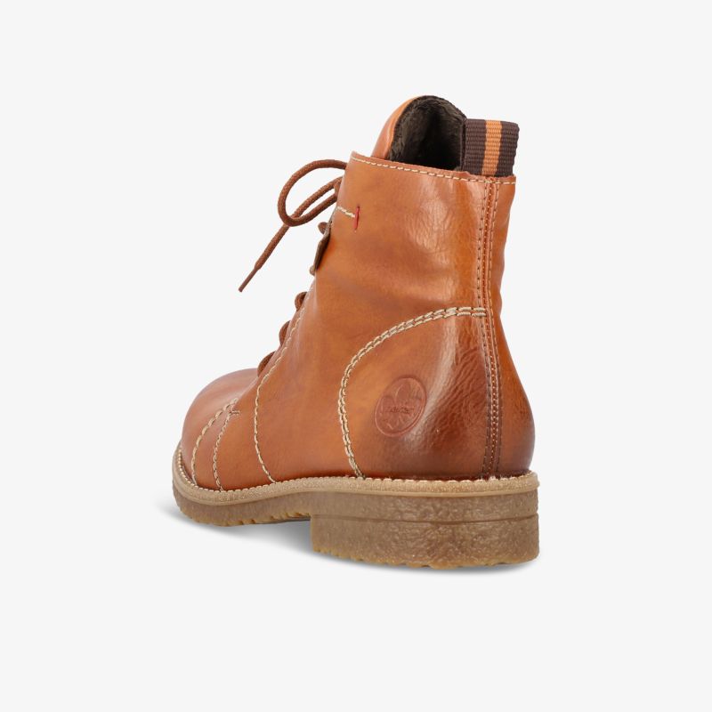 Robuster brauner Lederschnürstiefel mit komfortabler Sohle und eleganter Naht, seitlich schräg hinten sichtbar
